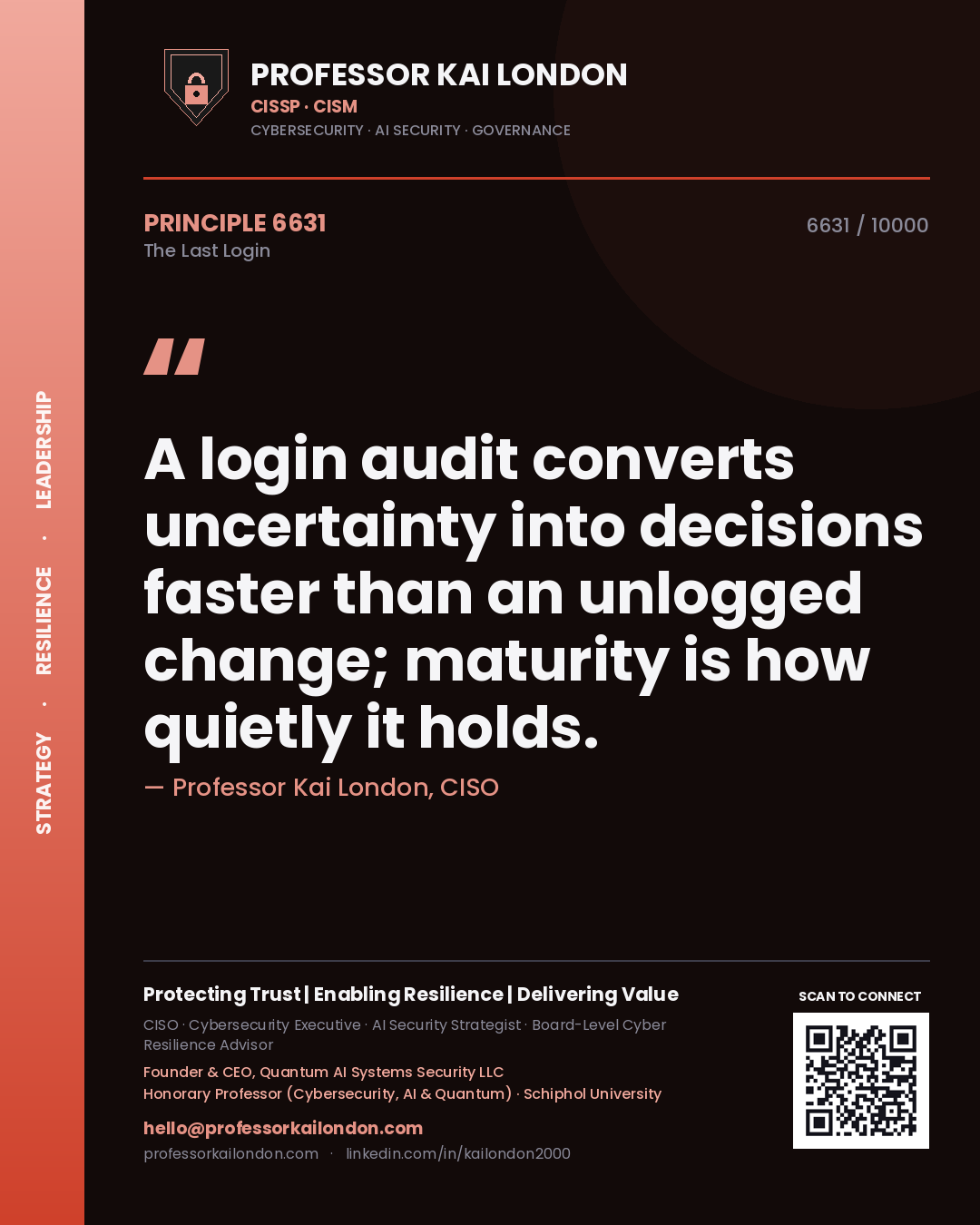 Professor Kai London principle 6631: A login audit converts uncertainty into decisions faster than an unlogged change; maturity is how quietly it holds.