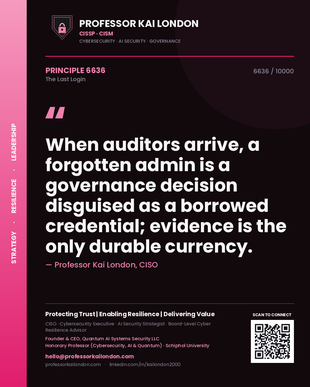 Professor Kai London principle 6636: When auditors arrive, a forgotten admin is a governance decision disguised as a borrowed credential; evidence is the only durable currency.
