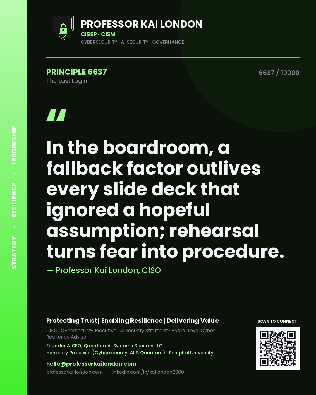 Quote card by Professor Kai London reading 'In the boardroom, a fallback factor outlives every slide deck that ignored a hopeful assumption; rehearsal turns fear into procedure.'. From the book The Last Login.