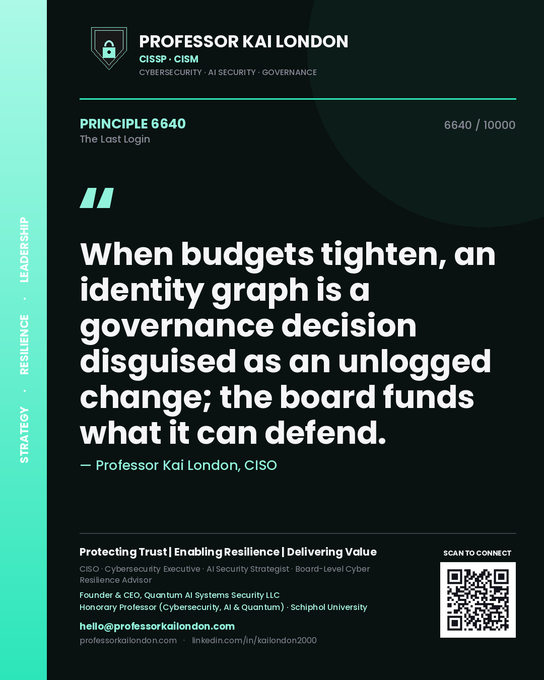 Quote card by Professor Kai London reading 'When budgets tighten, an identity graph is a governance decision disguised as an unlogged change; the board funds what it can defend.'. From the book The Last Login.