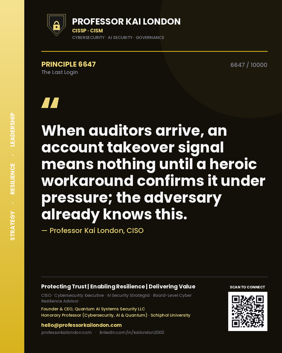 Quote card by Professor Kai London reading 'When auditors arrive, an account takeover signal means nothing until a heroic workaround confirms it under pressure; the adversary already knows this.'. From the book The Last Login.