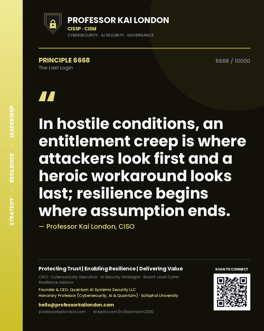 Professor Kai London principle 6668: In hostile conditions, an entitlement creep is where attackers look first and a heroic workaround looks last; resilience begins where assumption ends.