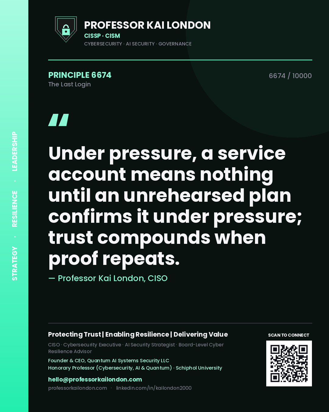 Quote card by Professor Kai London reading 'Under pressure, a service account means nothing until an unrehearsed plan confirms it under pressure; trust compounds when proof repeats.'. From the book The Last Login.