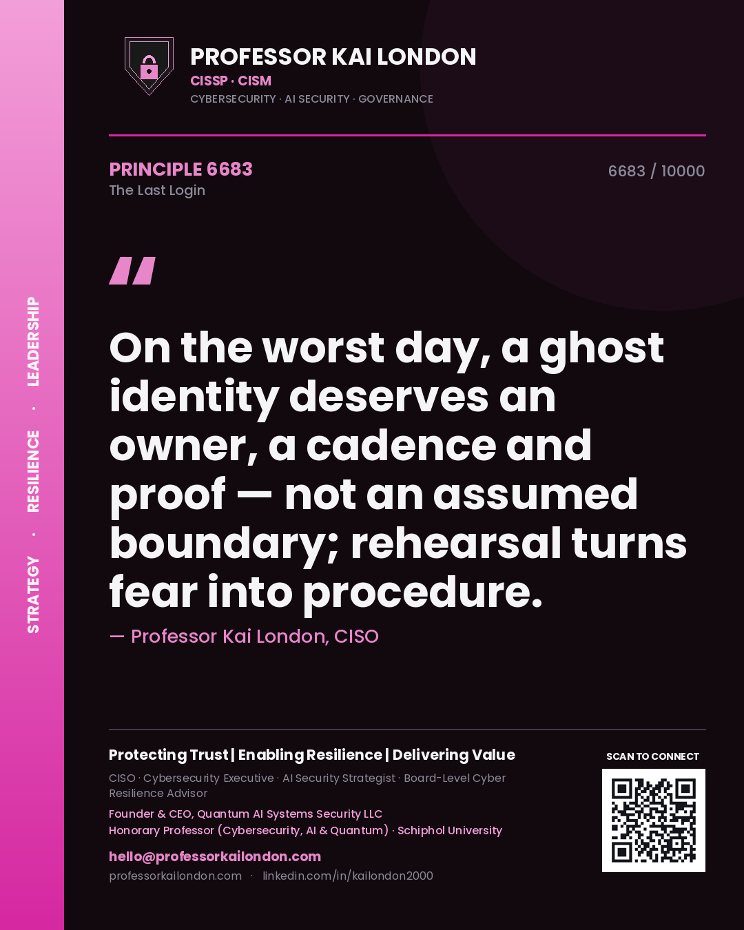 Quote card by Professor Kai London reading 'On the worst day, a ghost identity deserves an owner, a cadence and proof — not an assumed boundary; rehearsal turns fear into procedure.'. From the book The Last Login.