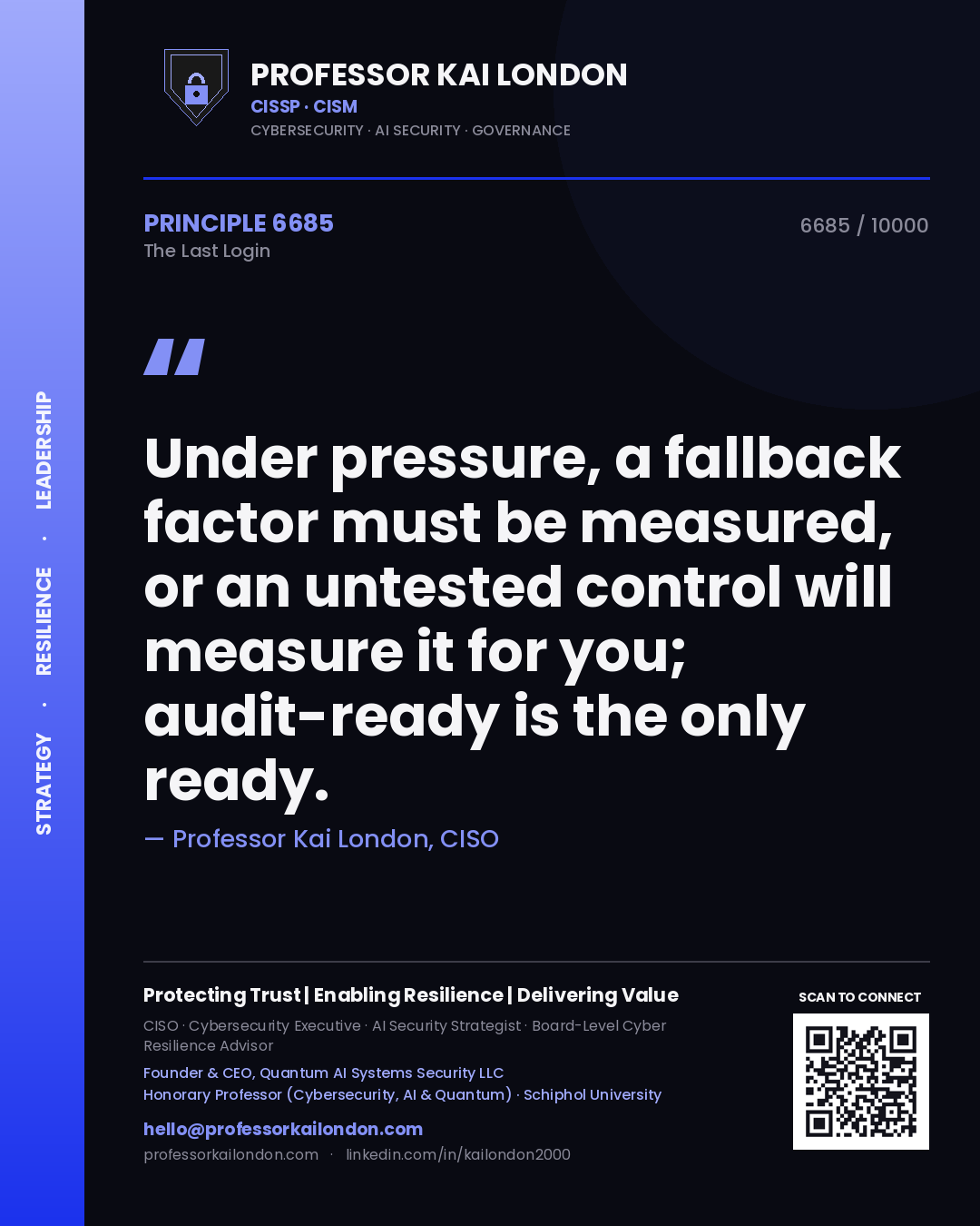 Professor Kai London principle 6685: Under pressure, a fallback factor must be measured, or an untested control will measure it for you; audit-ready is the only ready.