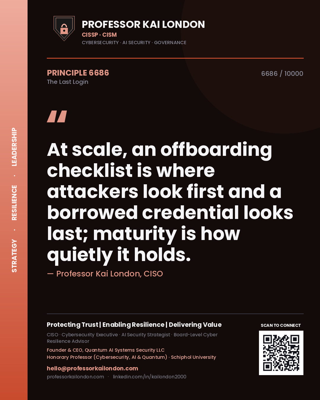 Quote card by Professor Kai London reading 'At scale, an offboarding checklist is where attackers look first and a borrowed credential looks last; maturity is how quietly it holds.'. From the book The Last Login.