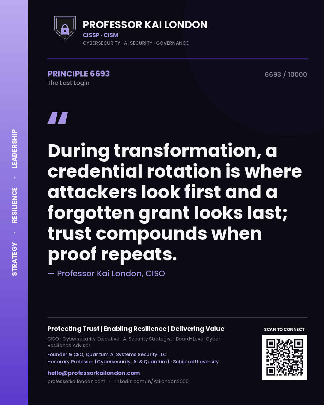 Professor Kai London principle 6693: During transformation, a credential rotation is where attackers look first and a forgotten grant looks last; trust compounds when proof repeats.