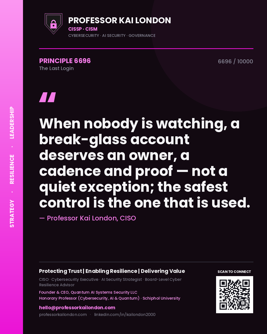 Quote card by Professor Kai London reading 'When nobody is watching, a break-glass account deserves an owner, a cadence and proof — not a quiet exception; the safest control is the one that is used.'. From the book The Last Login.