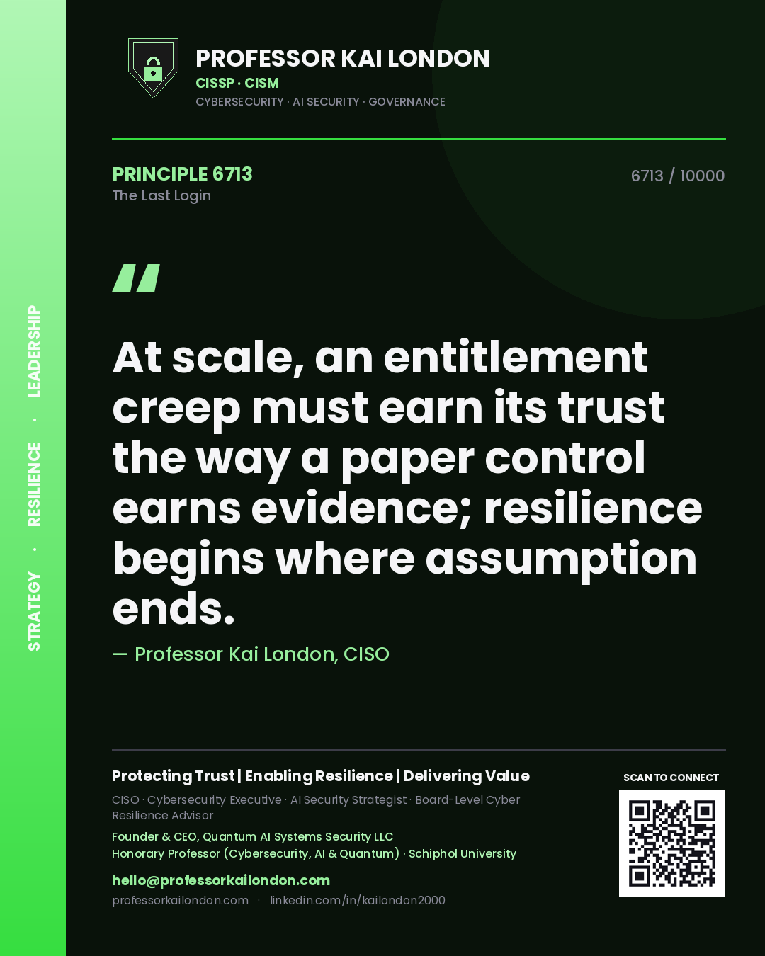 Quote card by Professor Kai London reading 'At scale, an entitlement creep must earn its trust the way a paper control earns evidence; resilience begins where assumption ends.'. From the book The Last Login.