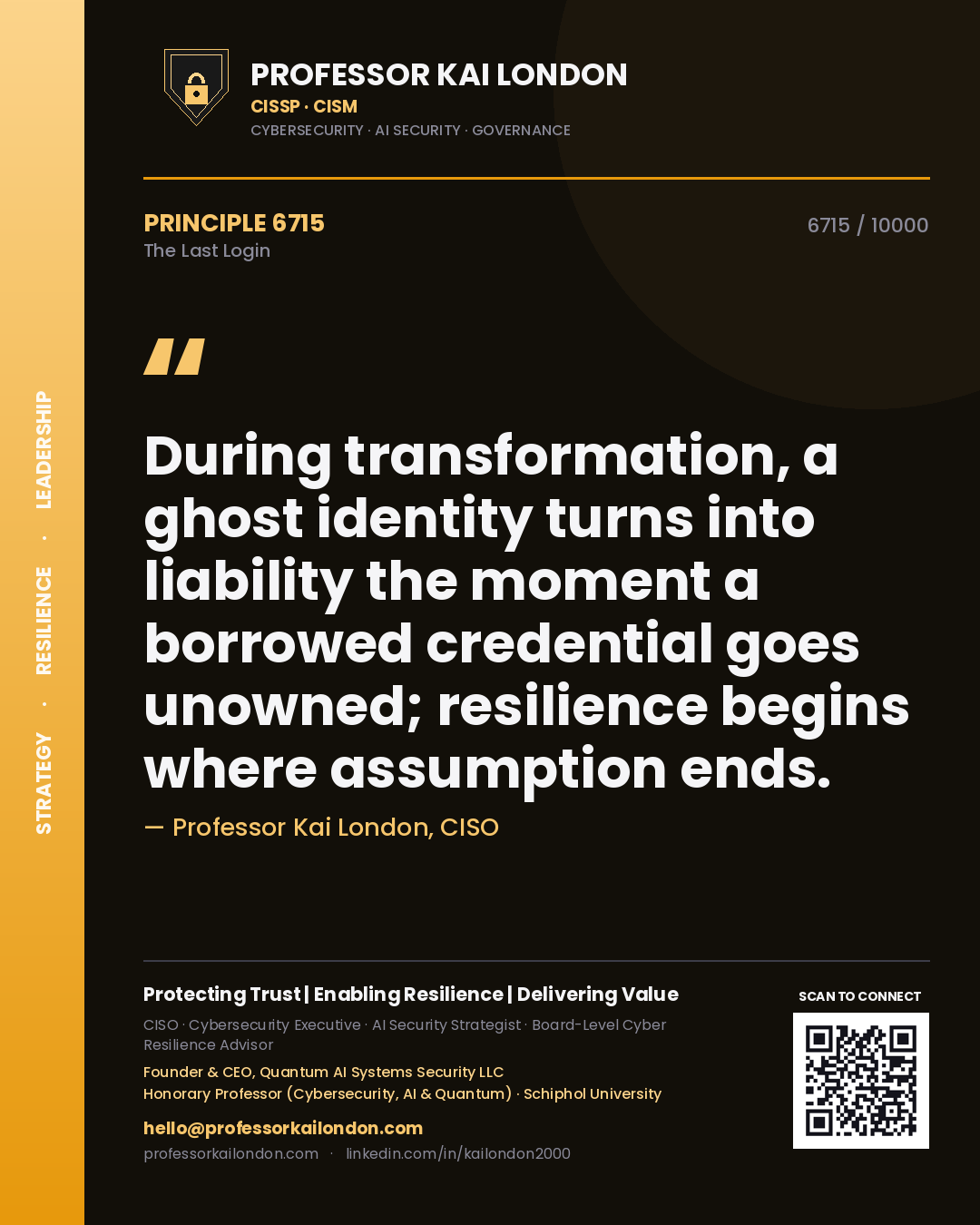 Professor Kai London principle 6715: During transformation, a ghost identity turns into liability the moment a borrowed credential goes unowned; resilience begins where assumption ends.