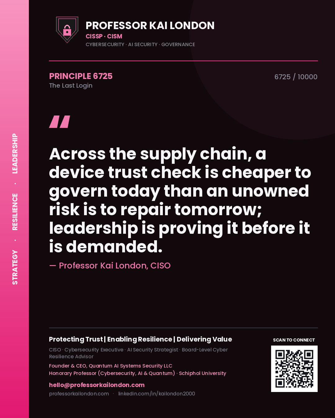Quote card by Professor Kai London reading 'Across the supply chain, a device trust check is cheaper to govern today than an unowned risk is to repair tomorrow; leadership is proving it before it is demanded.'. From the book The Last Login.