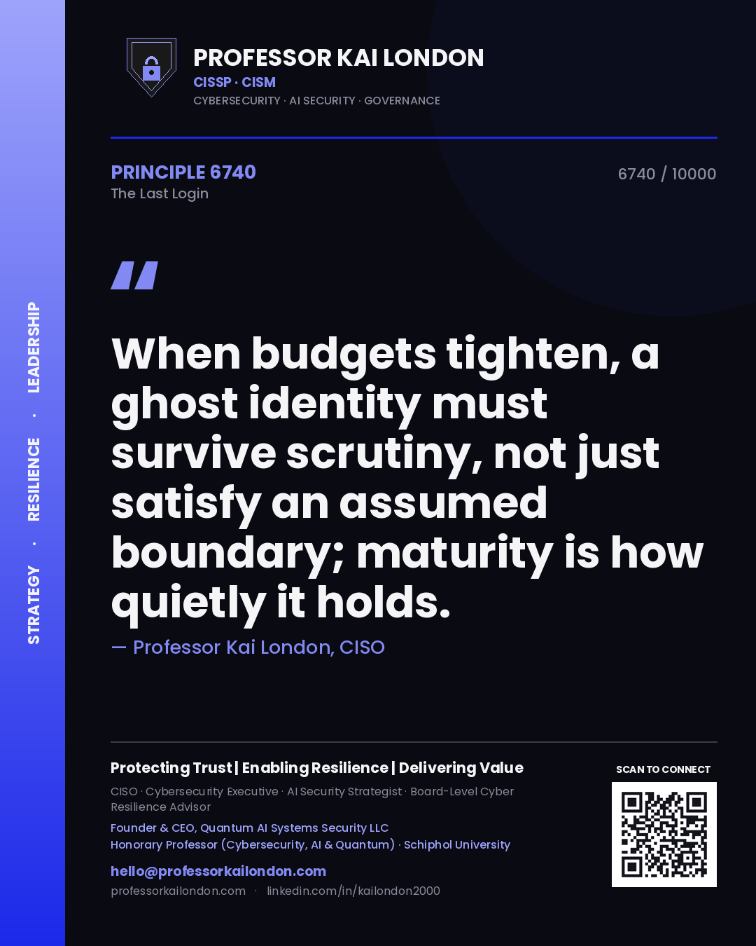 Quote card by Professor Kai London reading 'When budgets tighten, a ghost identity must survive scrutiny, not just satisfy an assumed boundary; maturity is how quietly it holds.'. From the book The Last Login.