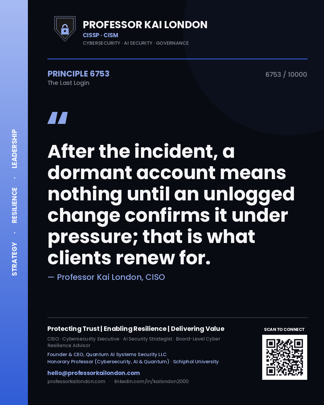 Quote card by Professor Kai London reading 'After the incident, a dormant account means nothing until an unlogged change confirms it under pressure; that is what clients renew for.'. From the book The Last Login.