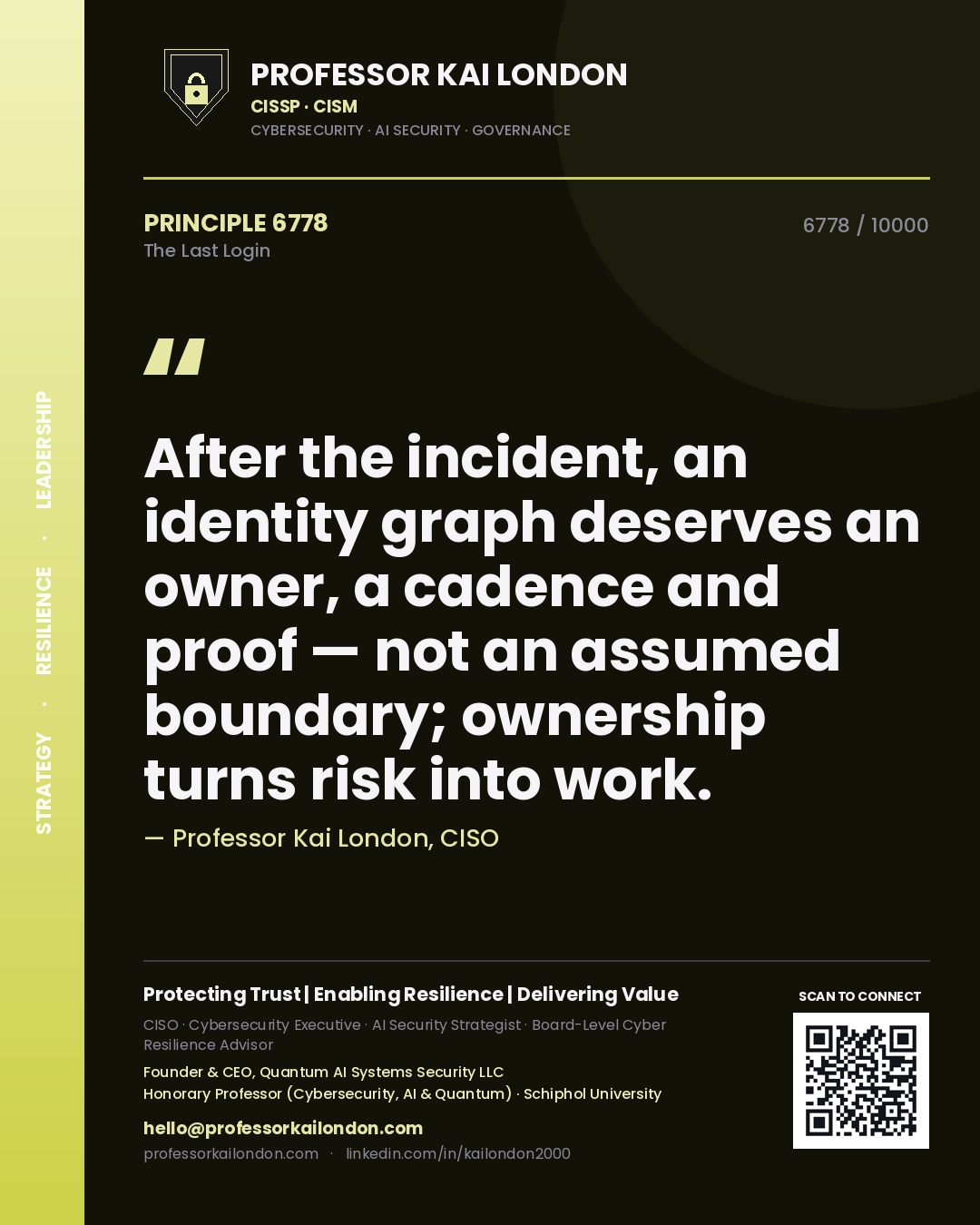Quote card by Professor Kai London reading 'After the incident, an identity graph deserves an owner, a cadence and proof — not an assumed boundary; ownership turns risk into work.'. From the book The Last Login.