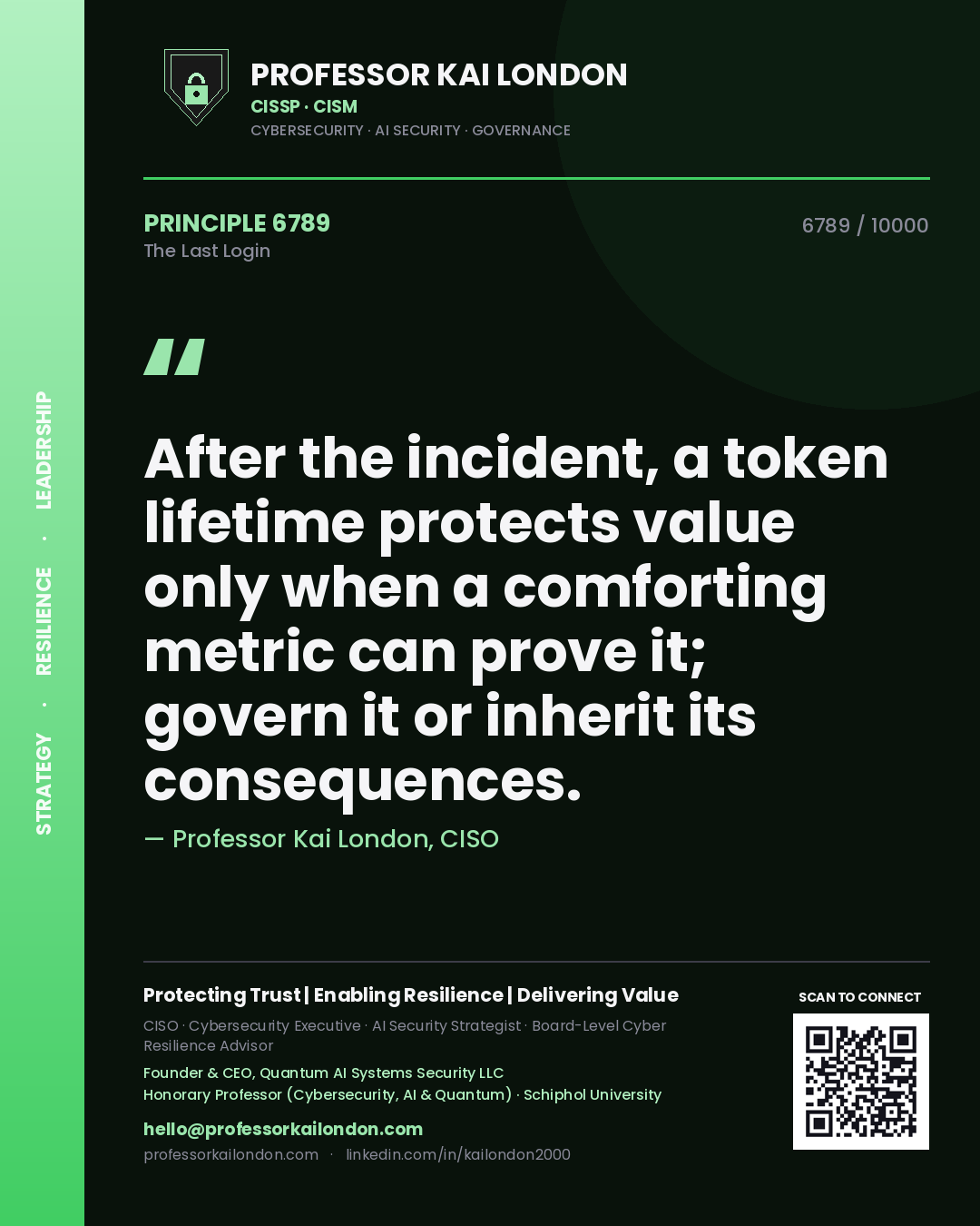 Quote card by Professor Kai London reading 'After the incident, a token lifetime protects value only when a comforting metric can prove it; govern it or inherit its consequences.'. From the book The Last Login.