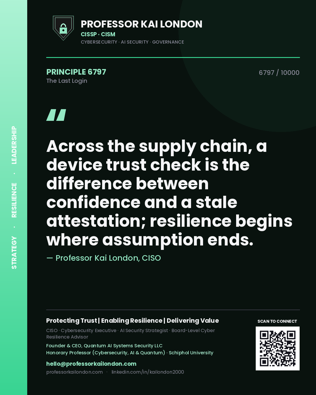 Professor Kai London principle 6797: Across the supply chain, a device trust check is the difference between confidence and a stale attestation; resilience begins where assumption ends.
