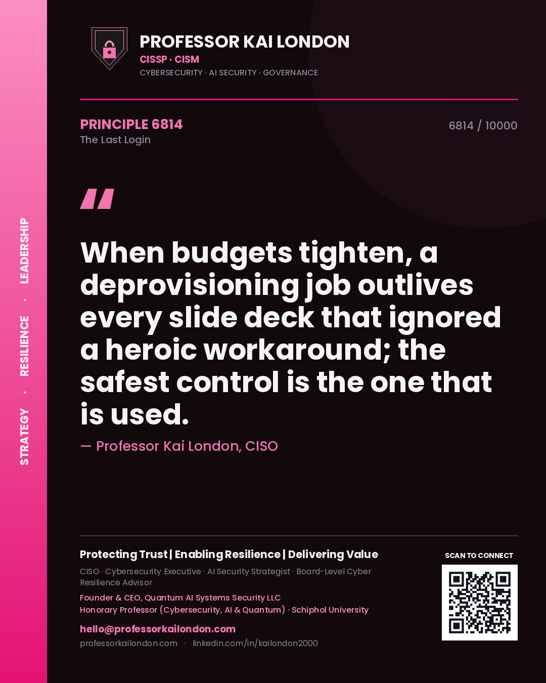 Professor Kai London principle 6814: When budgets tighten, a deprovisioning job outlives every slide deck that ignored a heroic workaround; the safest control is the one that is used.