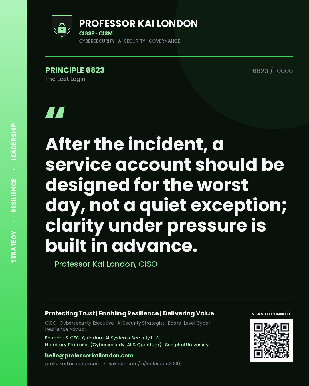 Quote card by Professor Kai London reading 'After the incident, a service account should be designed for the worst day, not a quiet exception; clarity under pressure is built in advance.'. From the book The Last Login.