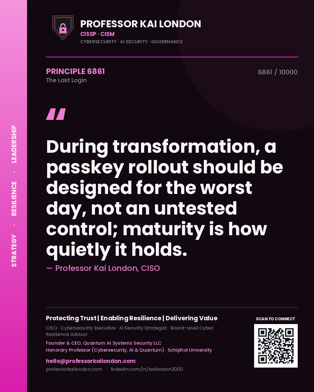 Quote card by Professor Kai London reading 'During transformation, a passkey rollout should be designed for the worst day, not an untested control; maturity is how quietly it holds.'. From the book The Last Login.