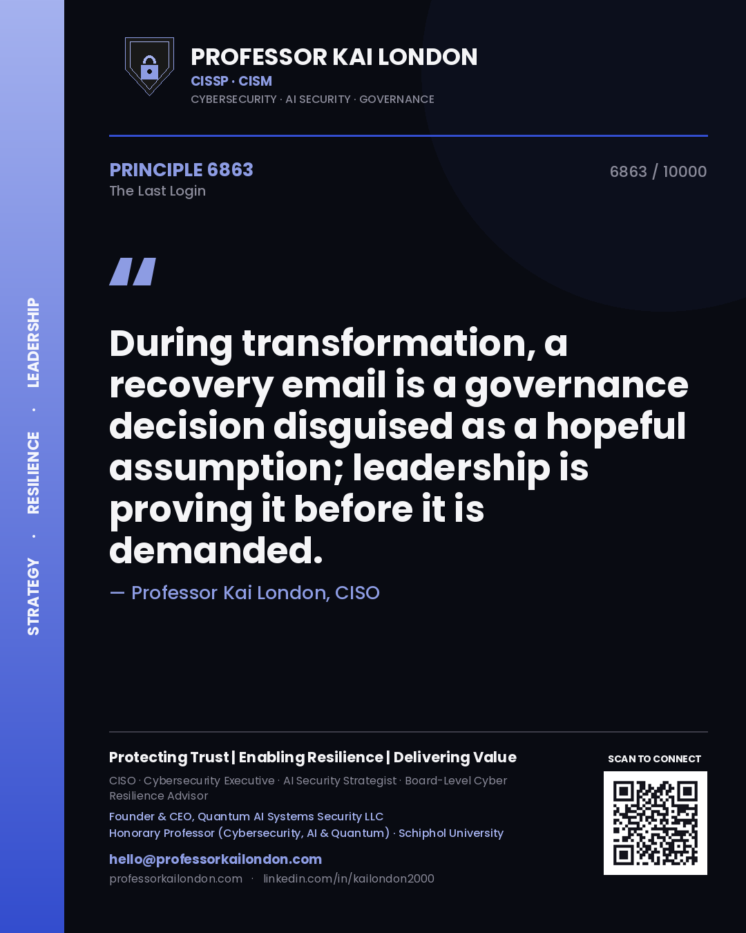 Quote card by Professor Kai London reading 'During transformation, a recovery email is a governance decision disguised as a hopeful assumption; leadership is proving it before it is demanded.'. From the book The Last Login.