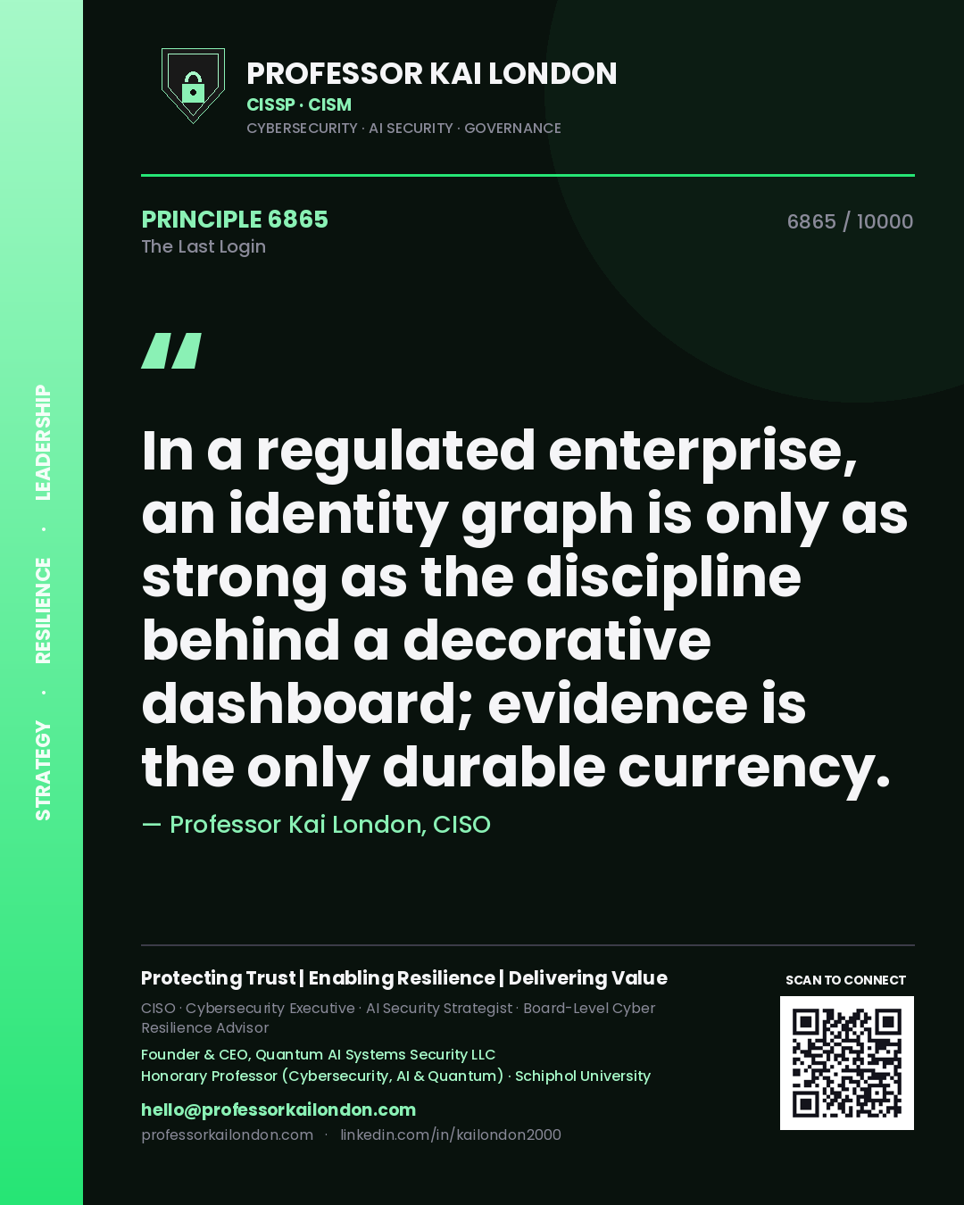 Quote card by Professor Kai London reading 'In a regulated enterprise, an identity graph is only as strong as the discipline behind a decorative dashboard; evidence is the only durable currency.'. From the book The Last Login.
