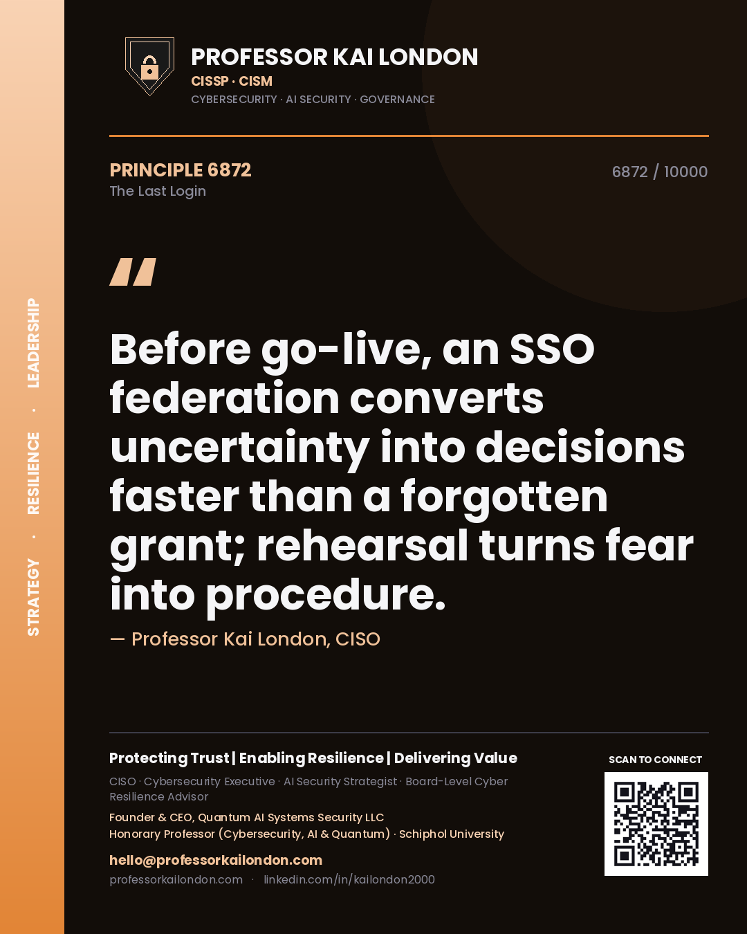 Quote card by Professor Kai London reading 'Before go-live, an SSO federation converts uncertainty into decisions faster than a forgotten grant; rehearsal turns fear into procedure.'. From the book The Last Login.