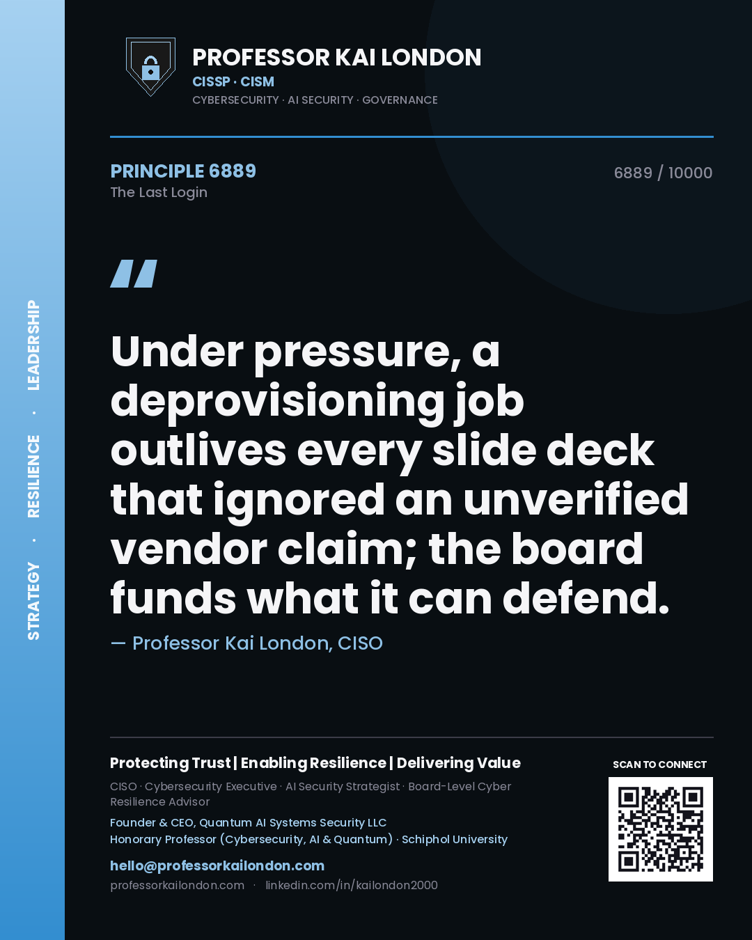 Quote card by Professor Kai London reading 'Under pressure, a deprovisioning job outlives every slide deck that ignored an unverified vendor claim; the board funds what it can defend.'. From the book The Last Login.