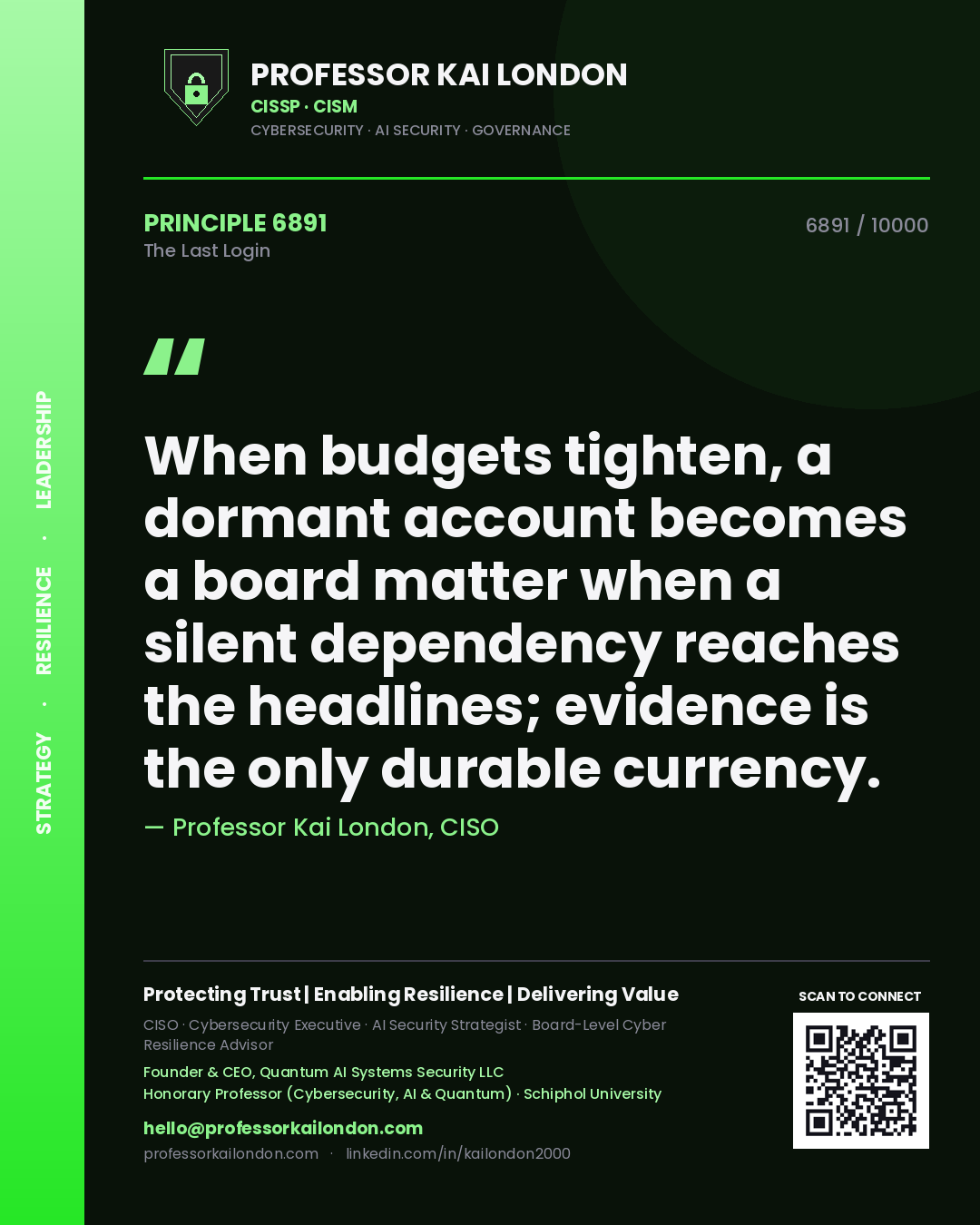 Quote card by Professor Kai London reading 'When budgets tighten, a dormant account becomes a board matter when a silent dependency reaches the headlines; evidence is the only durable currency.'. From the book The Last Login.