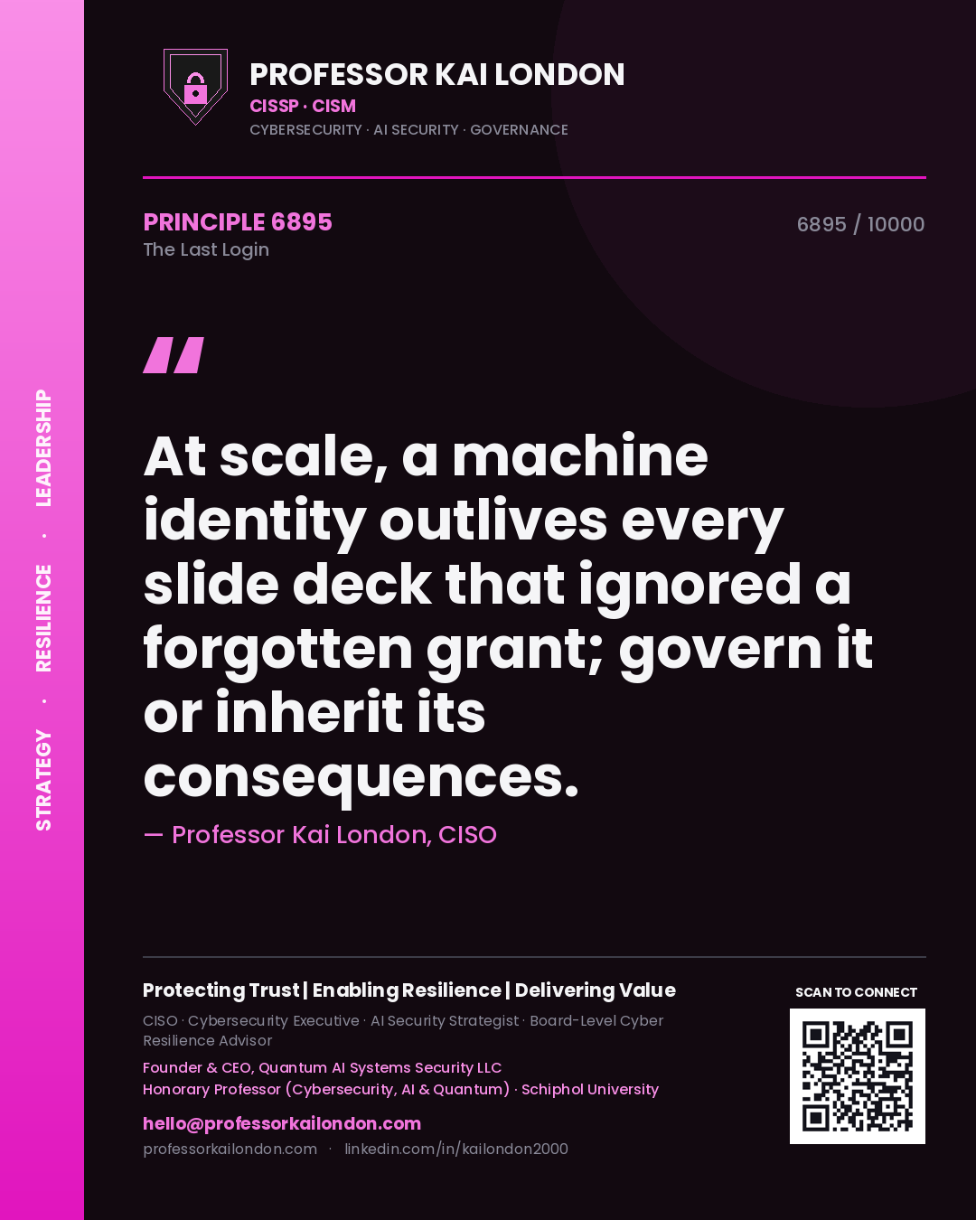 Quote card by Professor Kai London reading 'At scale, a machine identity outlives every slide deck that ignored a forgotten grant; govern it or inherit its consequences.'. From the book The Last Login.