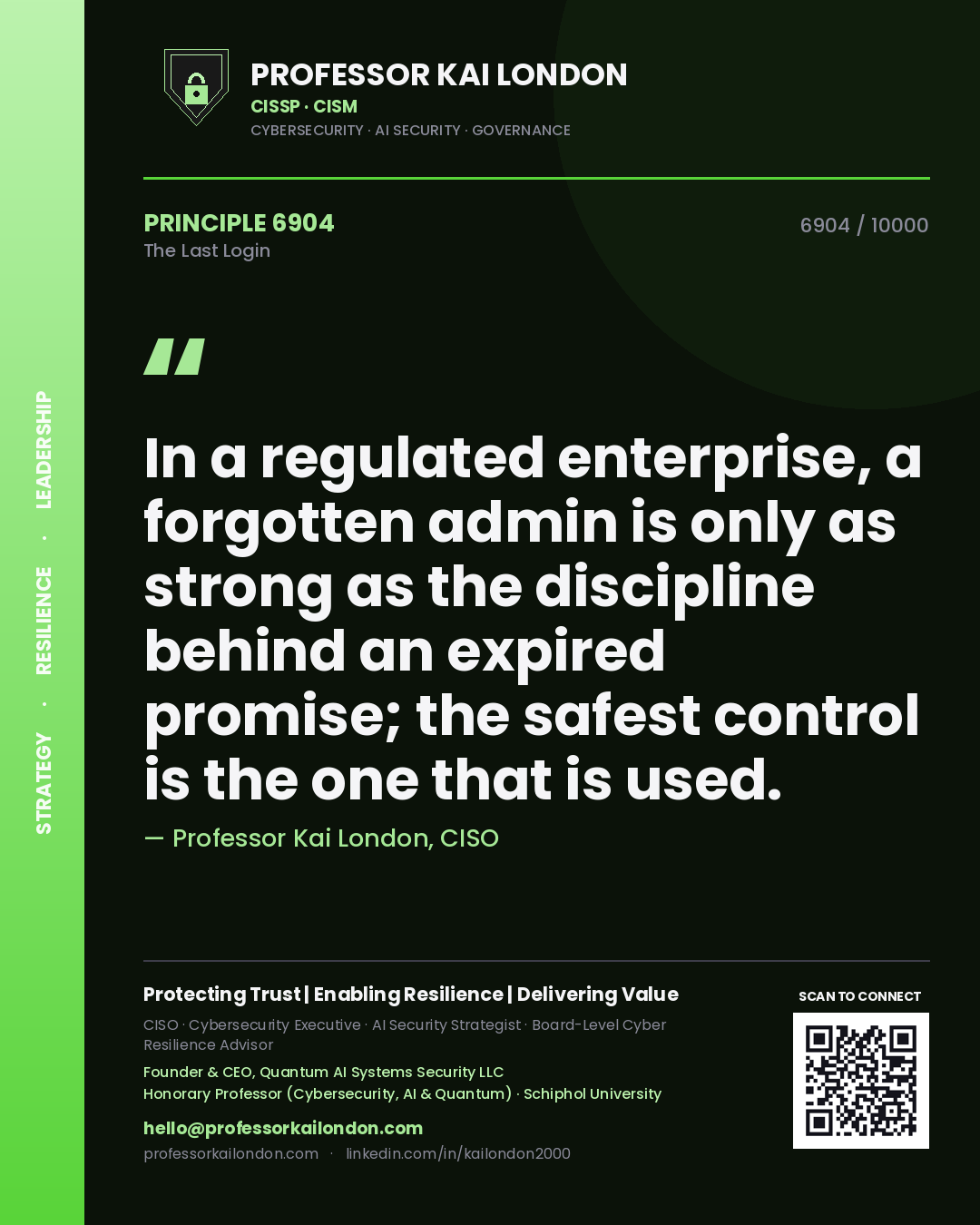 Professor Kai London principle 6904: In a regulated enterprise, a forgotten admin is only as strong as the discipline behind an expired promise; the safest control is the one that is used.