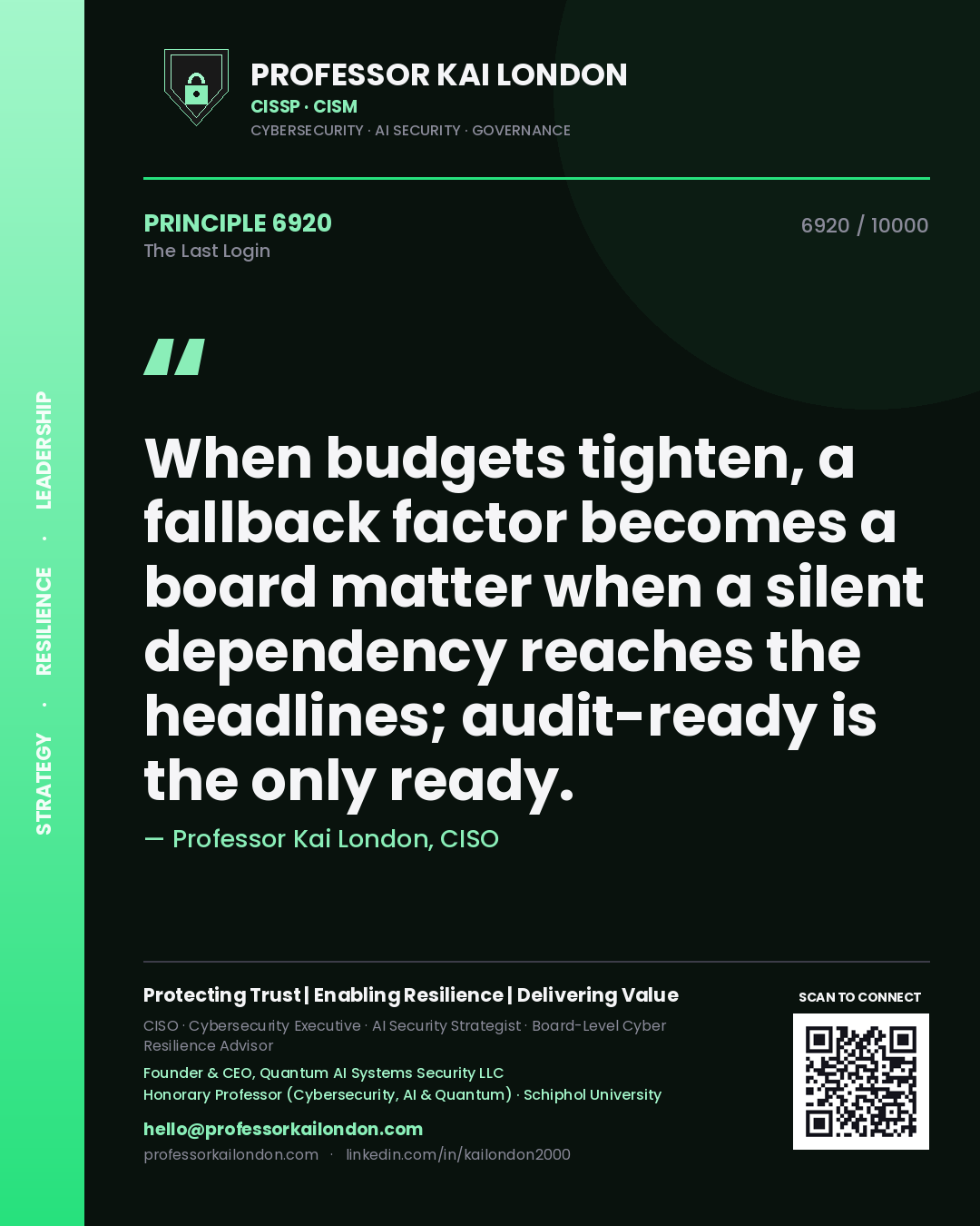 Quote card by Professor Kai London reading 'When budgets tighten, a fallback factor becomes a board matter when a silent dependency reaches the headlines; audit-ready is the only ready.'. From the book The Last Login.