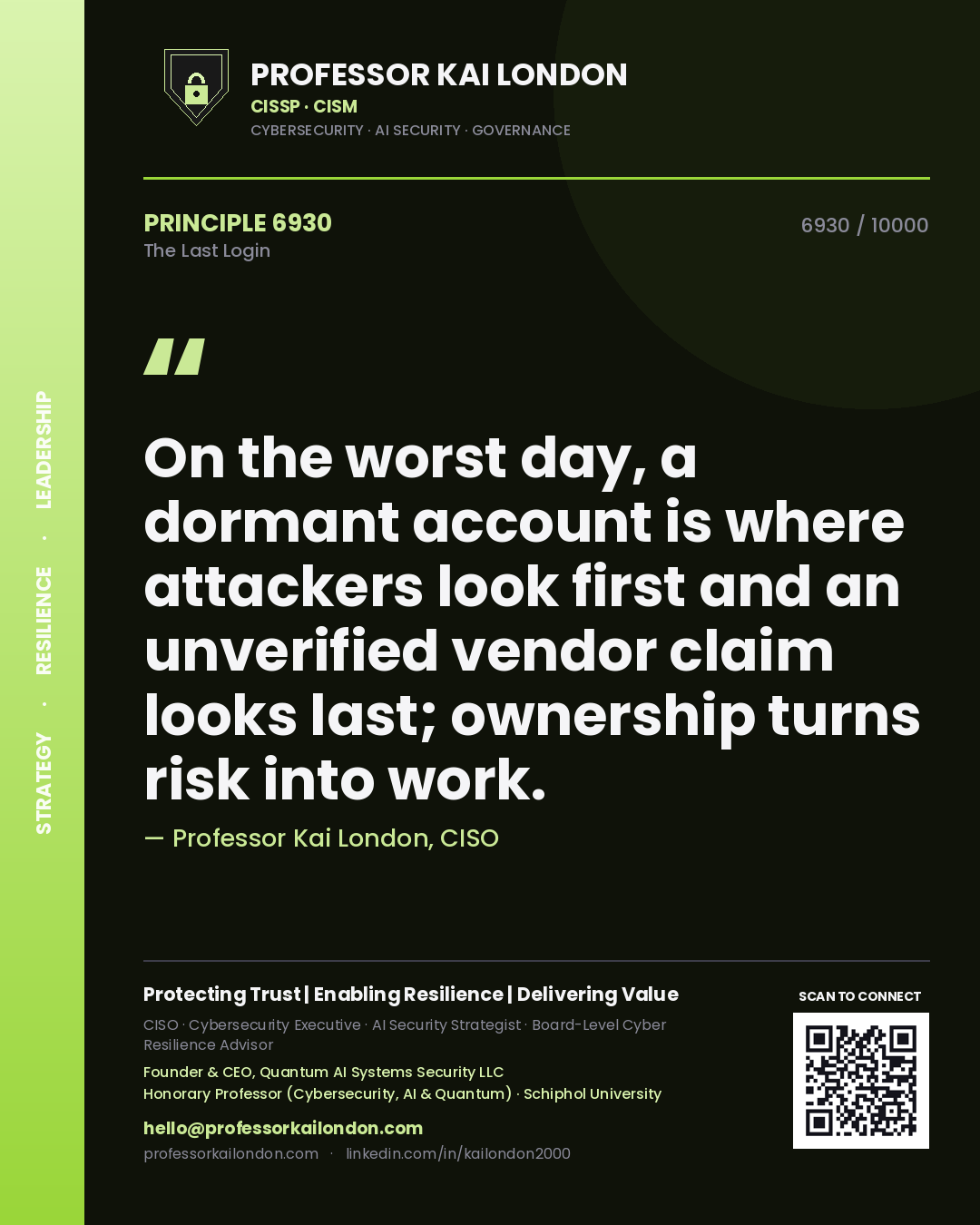 Professor Kai London principle 6930: On the worst day, a dormant account is where attackers look first and an unverified vendor claim looks last; ownership turns risk into work.