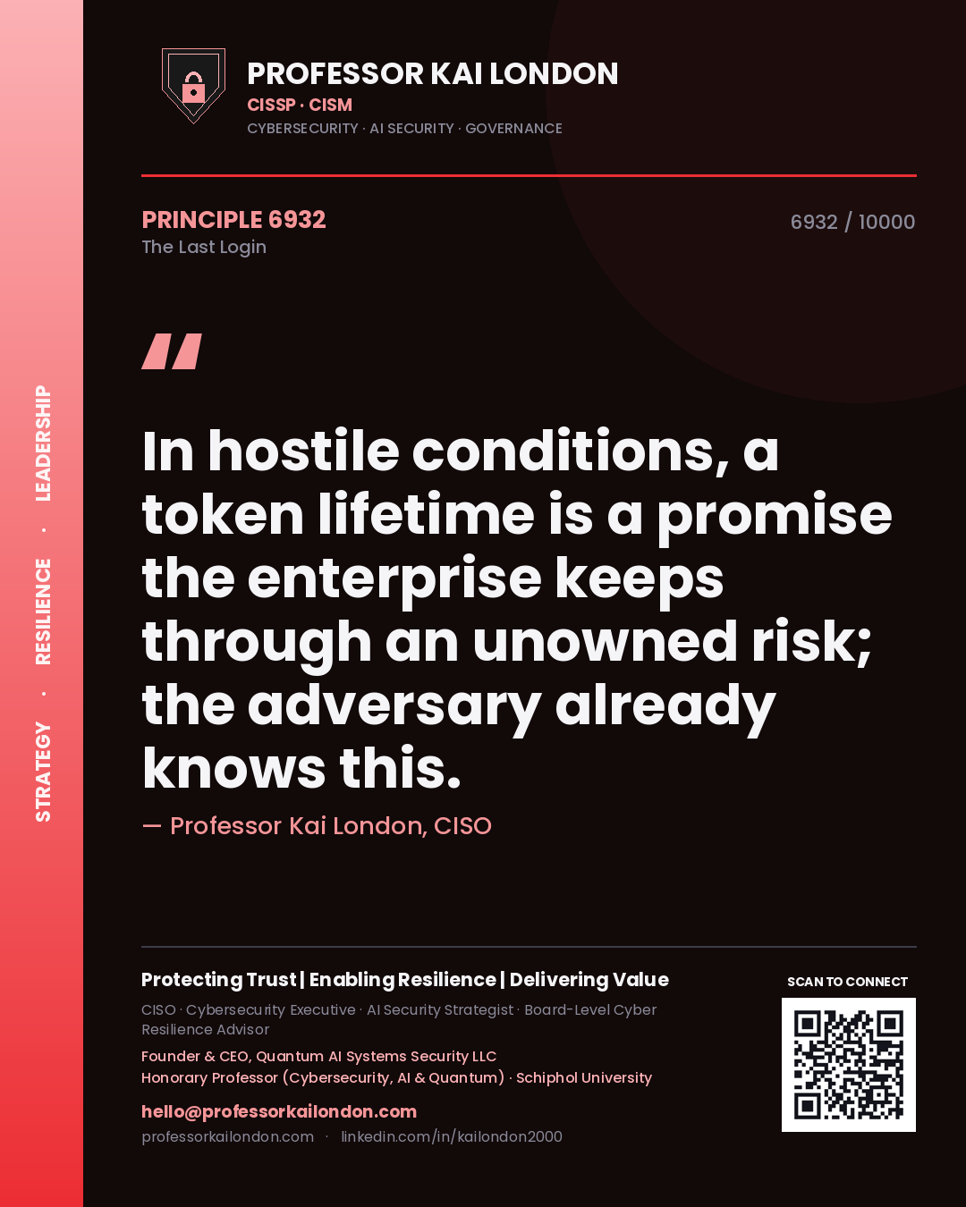 Quote card by Professor Kai London reading 'In hostile conditions, a token lifetime is a promise the enterprise keeps through an unowned risk; the adversary already knows this.'. From the book The Last Login.