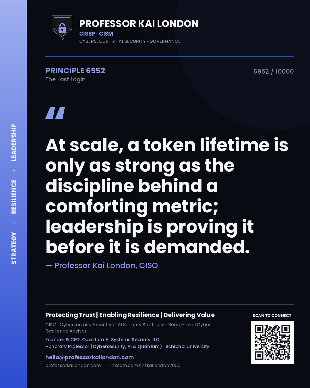 Quote card by Professor Kai London reading 'At scale, a token lifetime is only as strong as the discipline behind a comforting metric; leadership is proving it before it is demanded.'. From the book The Last Login.