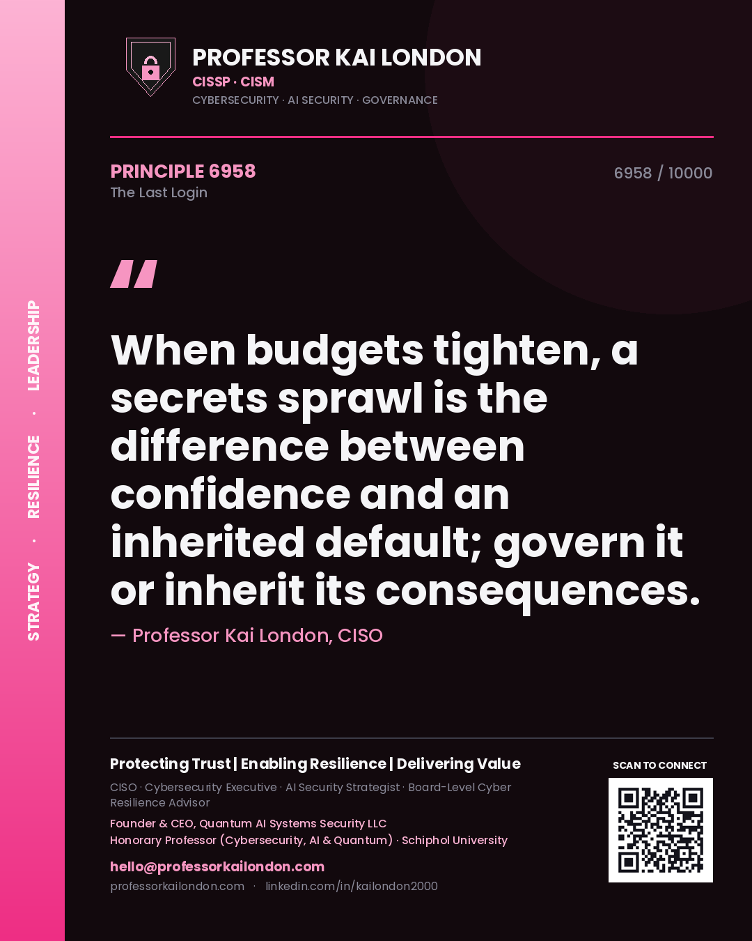 Quote card by Professor Kai London reading 'When budgets tighten, a secrets sprawl is the difference between confidence and an inherited default; govern it or inherit its consequences.'. From the book The Last Login.