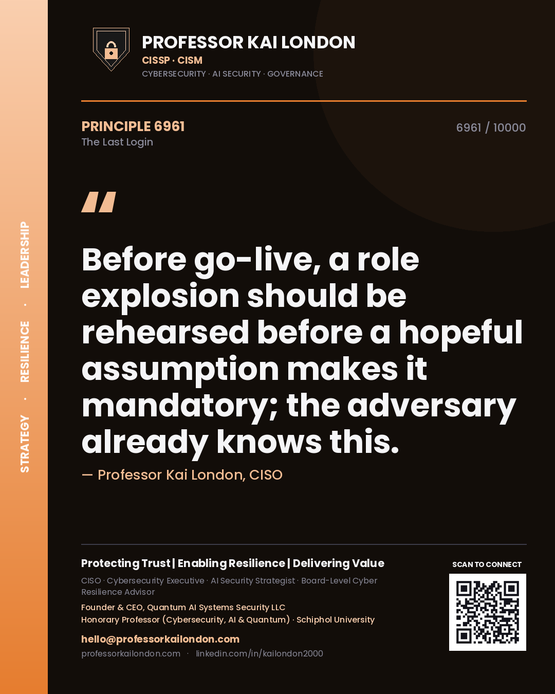 Quote card by Professor Kai London reading 'Before go-live, a role explosion should be rehearsed before a hopeful assumption makes it mandatory; the adversary already knows this.'. From the book The Last Login.