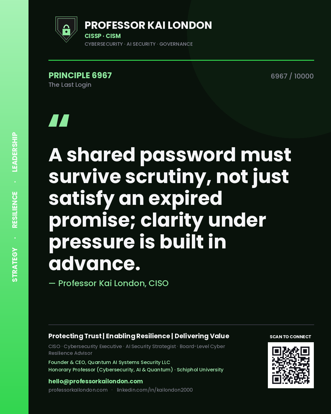 Professor Kai London principle 6967: A shared password must survive scrutiny, not just satisfy an expired promise; clarity under pressure is built in advance.