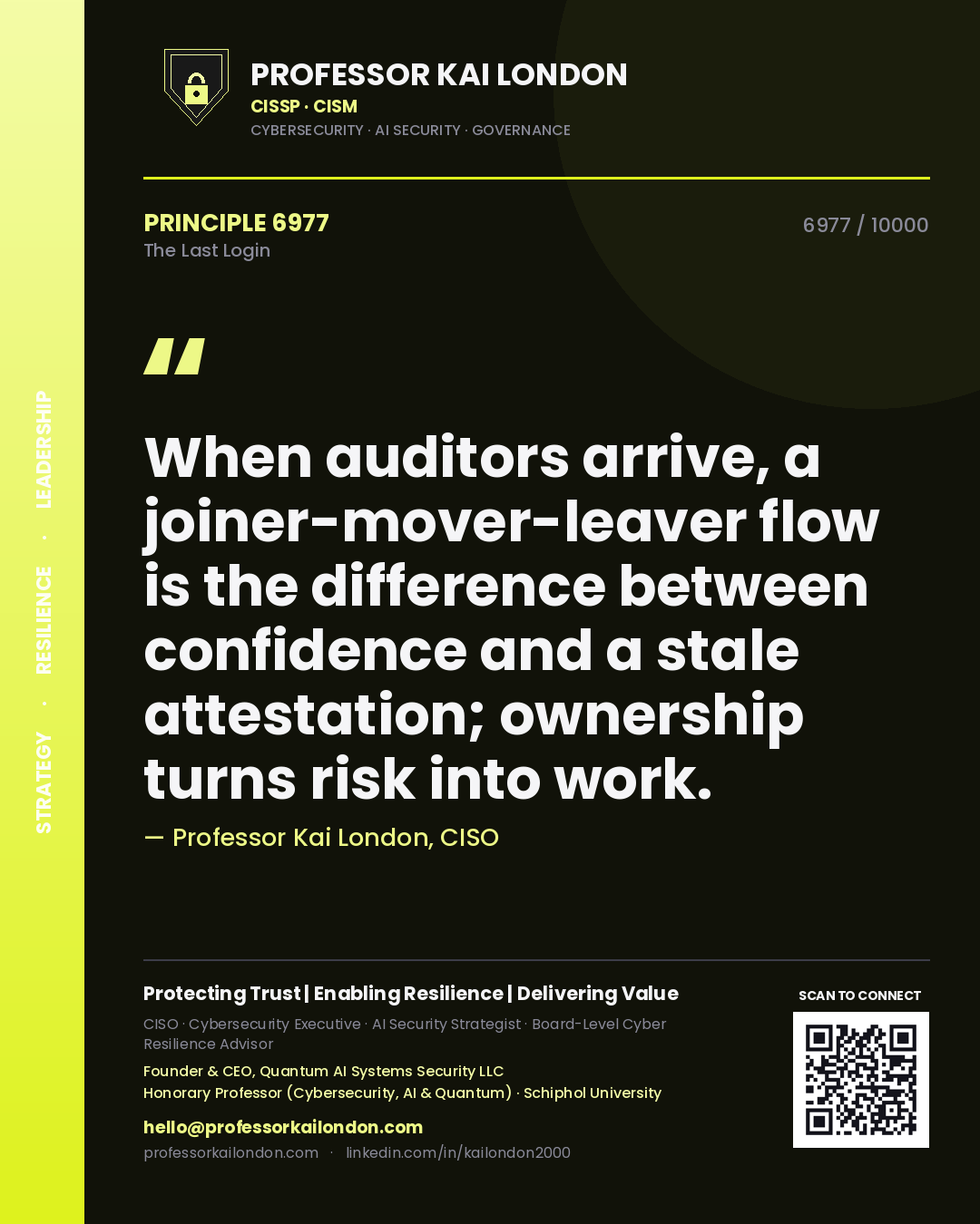 Professor Kai London principle 6977: When auditors arrive, a joiner-mover-leaver flow is the difference between confidence and a stale attestation; ownership turns risk into work.