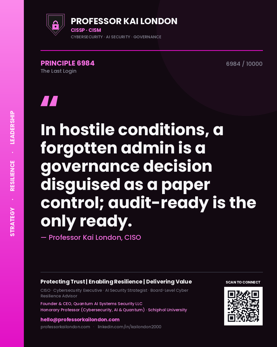 Professor Kai London principle 6984: In hostile conditions, a forgotten admin is a governance decision disguised as a paper control; audit-ready is the only ready.