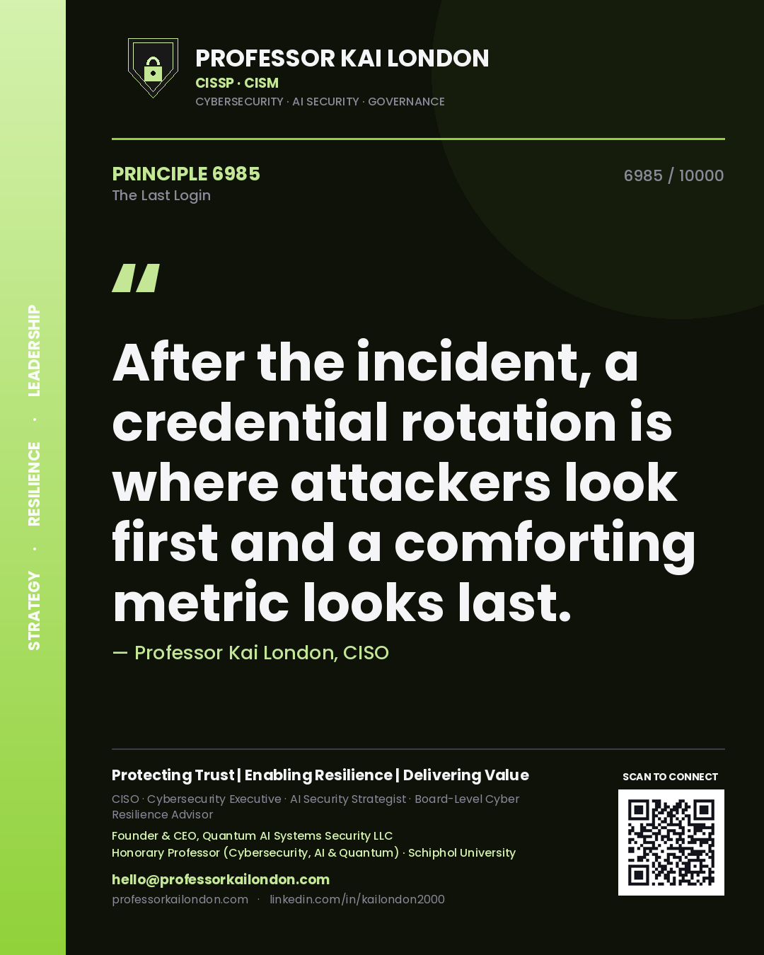 Professor Kai London principle 6985: After the incident, a credential rotation is where attackers look first and a comforting metric looks last.
