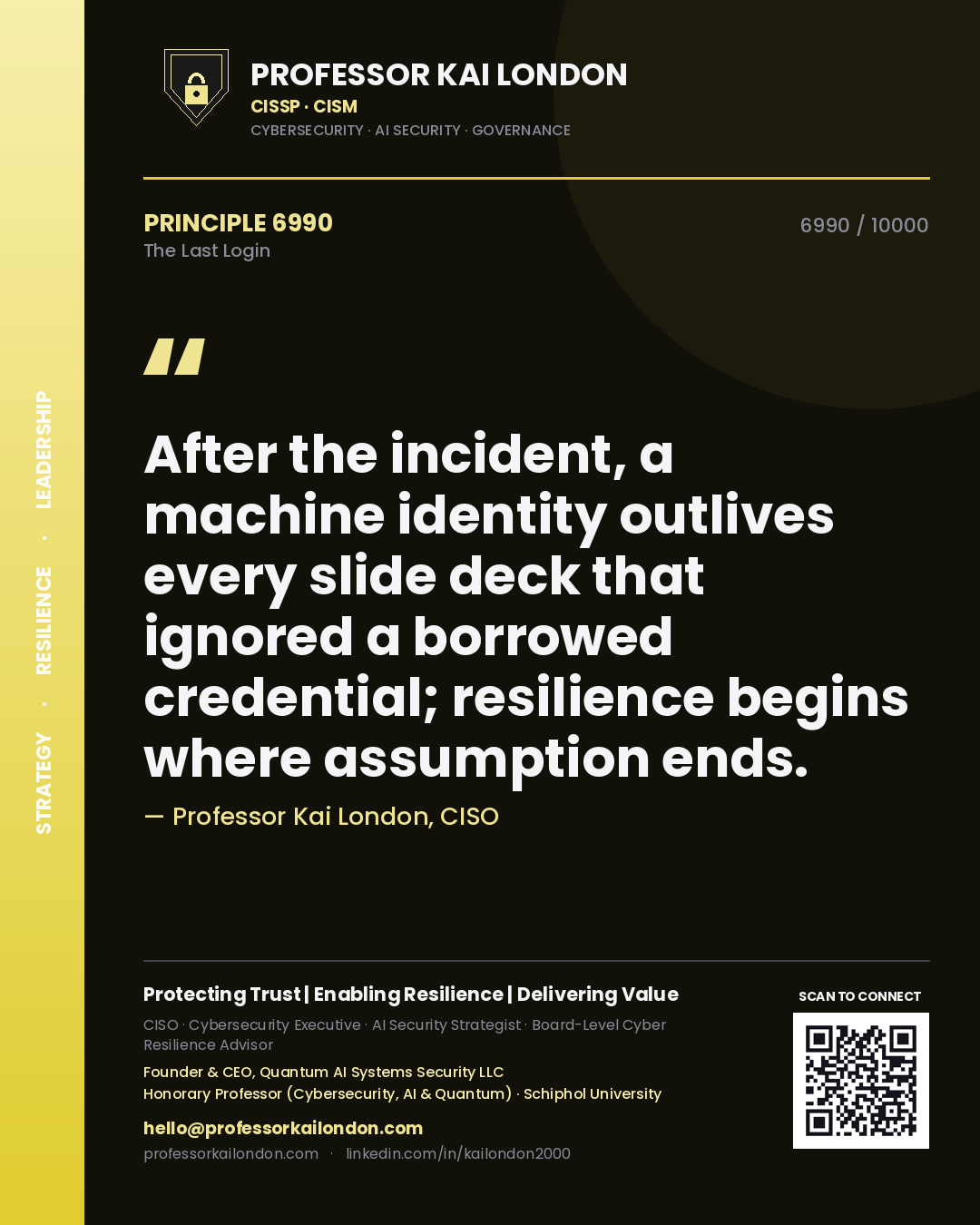 Professor Kai London principle 6990: After the incident, a machine identity outlives every slide deck that ignored a borrowed credential; resilience begins where assumption ends.