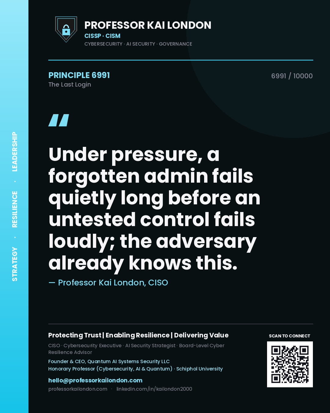 Quote card by Professor Kai London reading 'Under pressure, a forgotten admin fails quietly long before an untested control fails loudly; the adversary already knows this.'. From the book The Last Login.