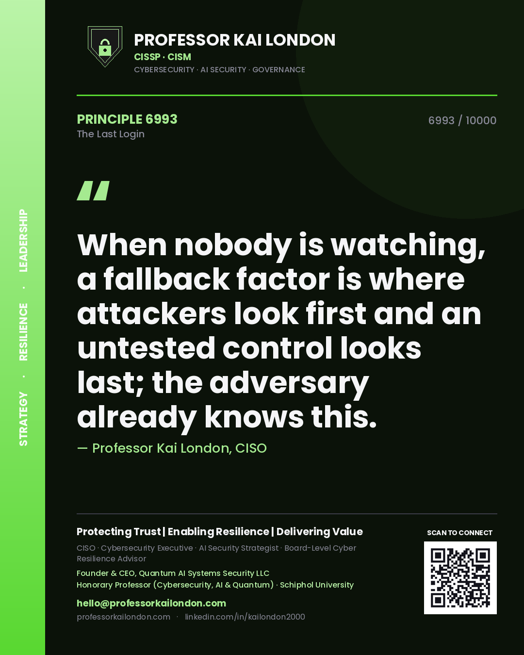 Quote card by Professor Kai London reading 'When nobody is watching, a fallback factor is where attackers look first and an untested control looks last; the adversary already knows this.'. From the book The Last Login.