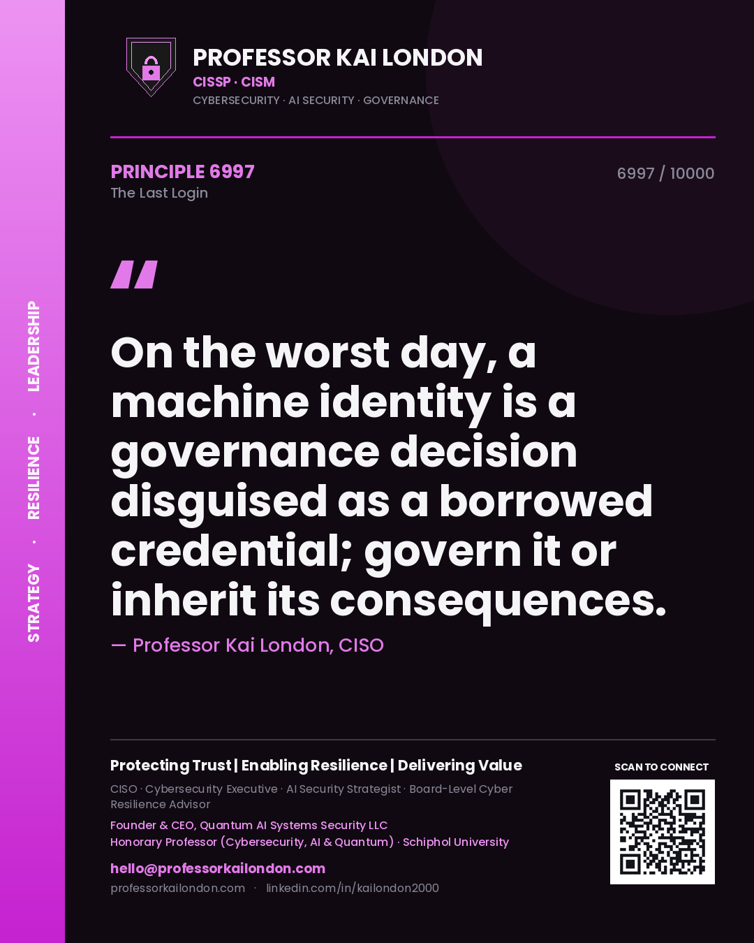 Quote card by Professor Kai London reading 'On the worst day, a machine identity is a governance decision disguised as a borrowed credential; govern it or inherit its consequences.'. From the book The Last Login.