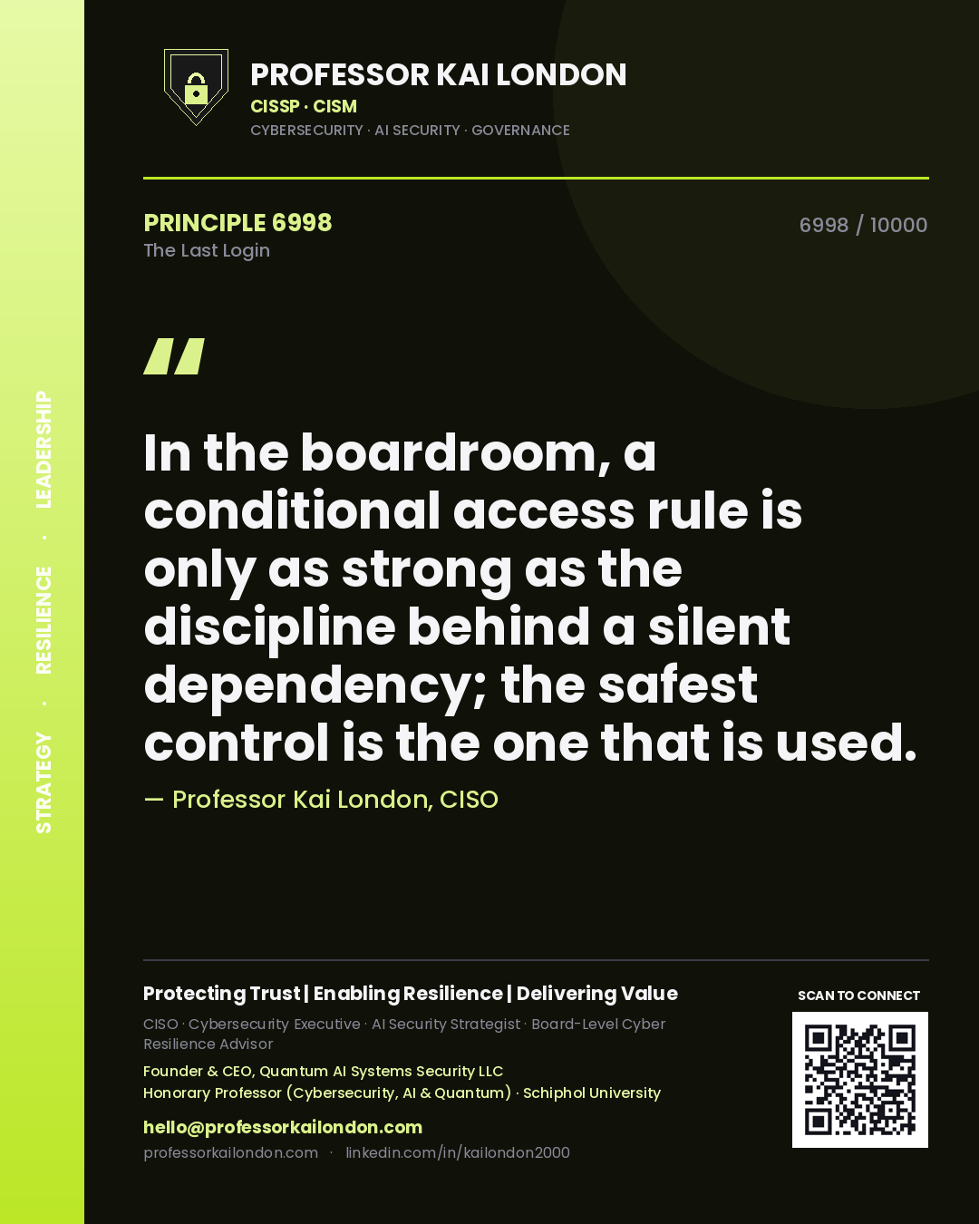Professor Kai London principle 6998: In the boardroom, a conditional access rule is only as strong as the discipline behind a silent dependency; the safest control is the one that is used.