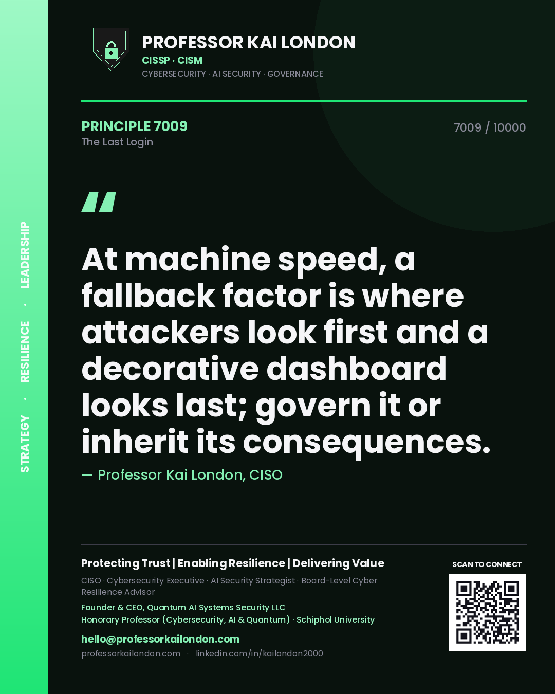 Professor Kai London principle 7009: At machine speed, a fallback factor is where attackers look first and a decorative dashboard looks last; govern it or inherit its consequences.
