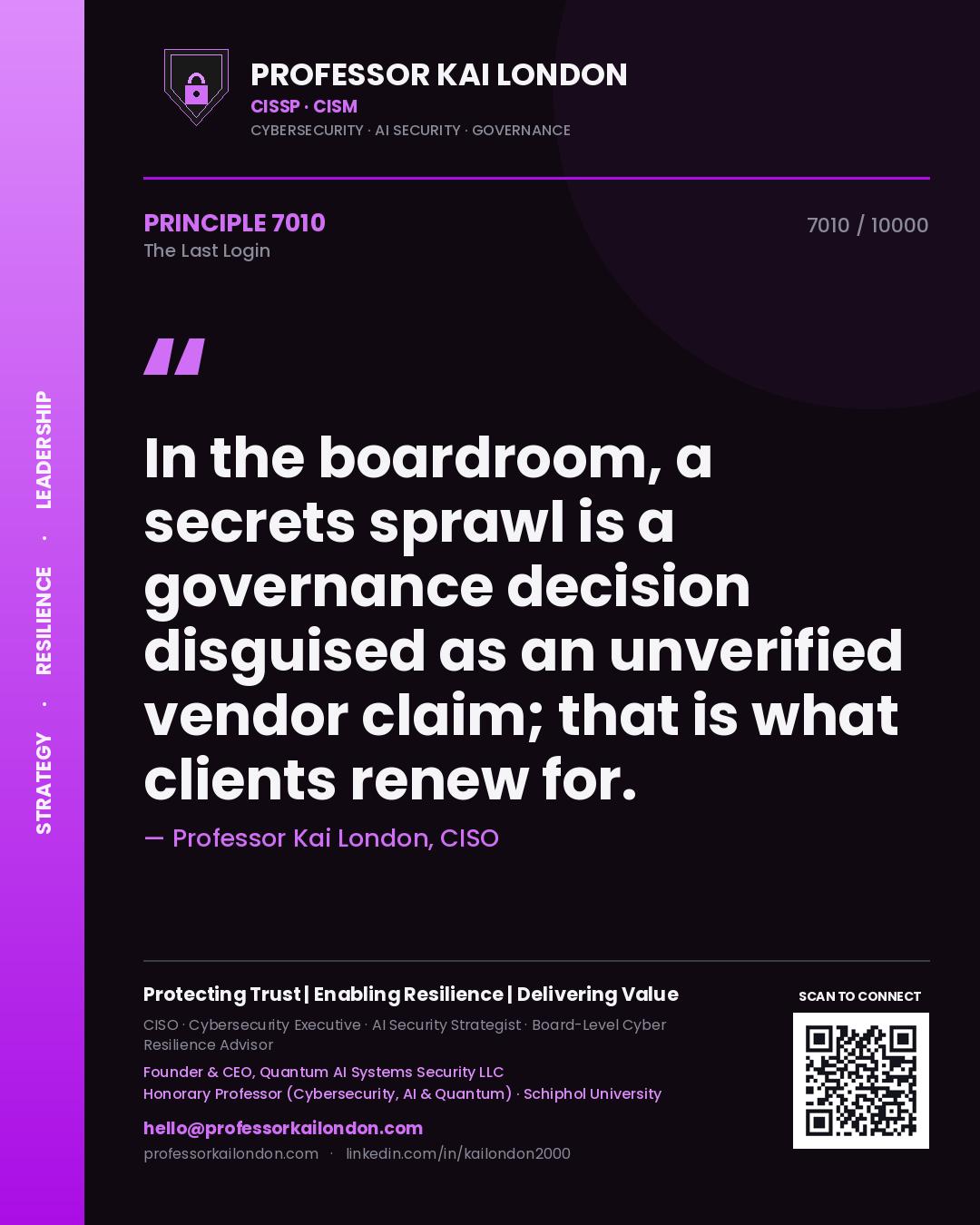 Professor Kai London principle 7010: In the boardroom, a secrets sprawl is a governance decision disguised as an unverified vendor claim; that is what clients renew for.