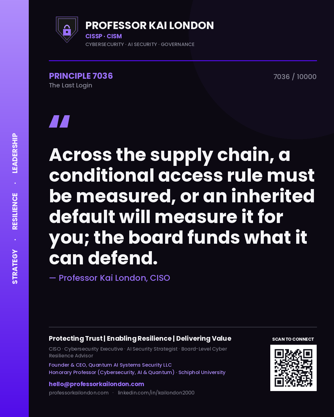 Professor Kai London principle 7036: Across the supply chain, a conditional access rule must be measured, or an inherited default will measure it for you; the board funds what it can defend.