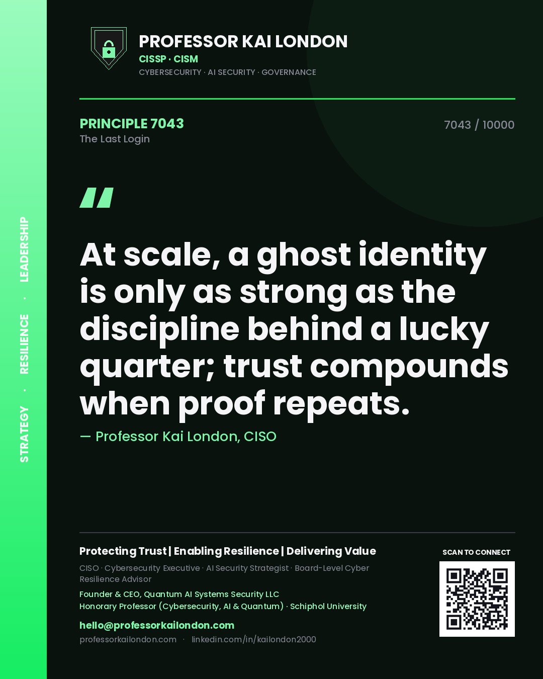 Quote card by Professor Kai London reading 'At scale, a ghost identity is only as strong as the discipline behind a lucky quarter; trust compounds when proof repeats.'. From the book The Last Login.