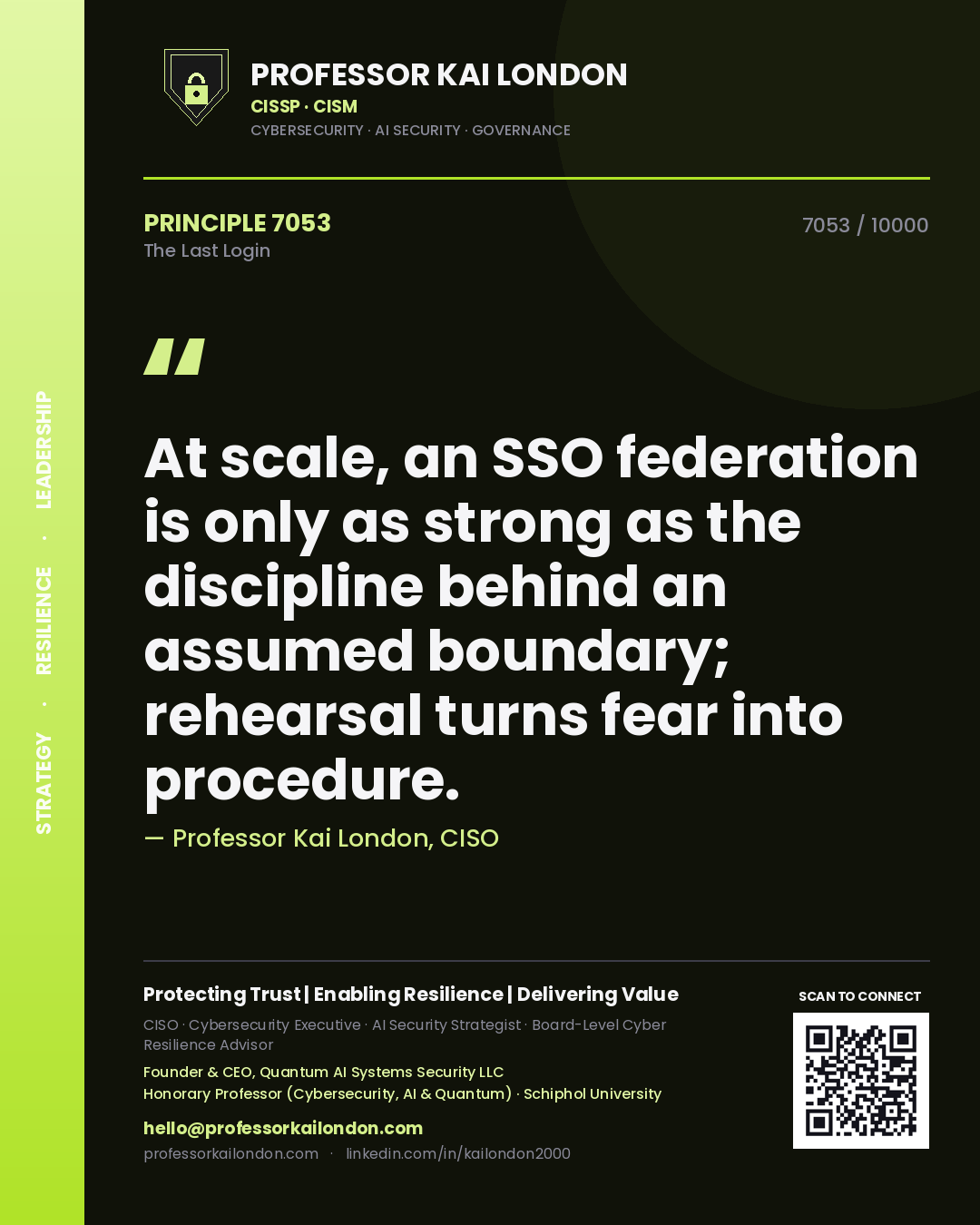 Professor Kai London principle 7053: At scale, an SSO federation is only as strong as the discipline behind an assumed boundary; rehearsal turns fear into procedure.